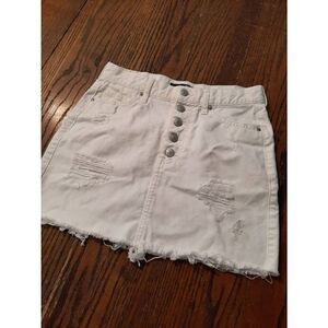 Sz 2 Aero High Rise White Button Fly Raw Hem Distressed Cotton Denim Mini Skirt